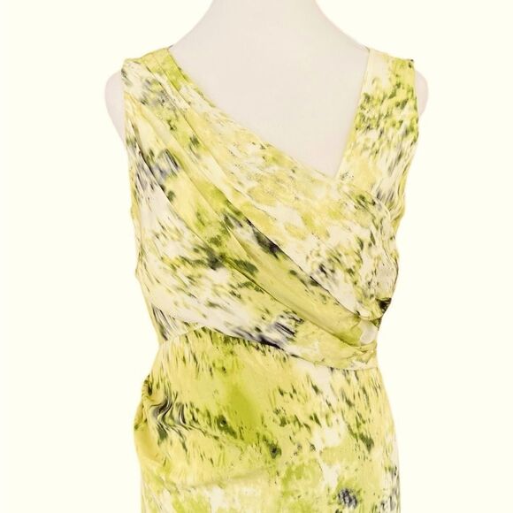 Ann Taylor 91% silk & spandex Assymetrical Neck green Watercolor Sheath Dress - Picture 2 of 7